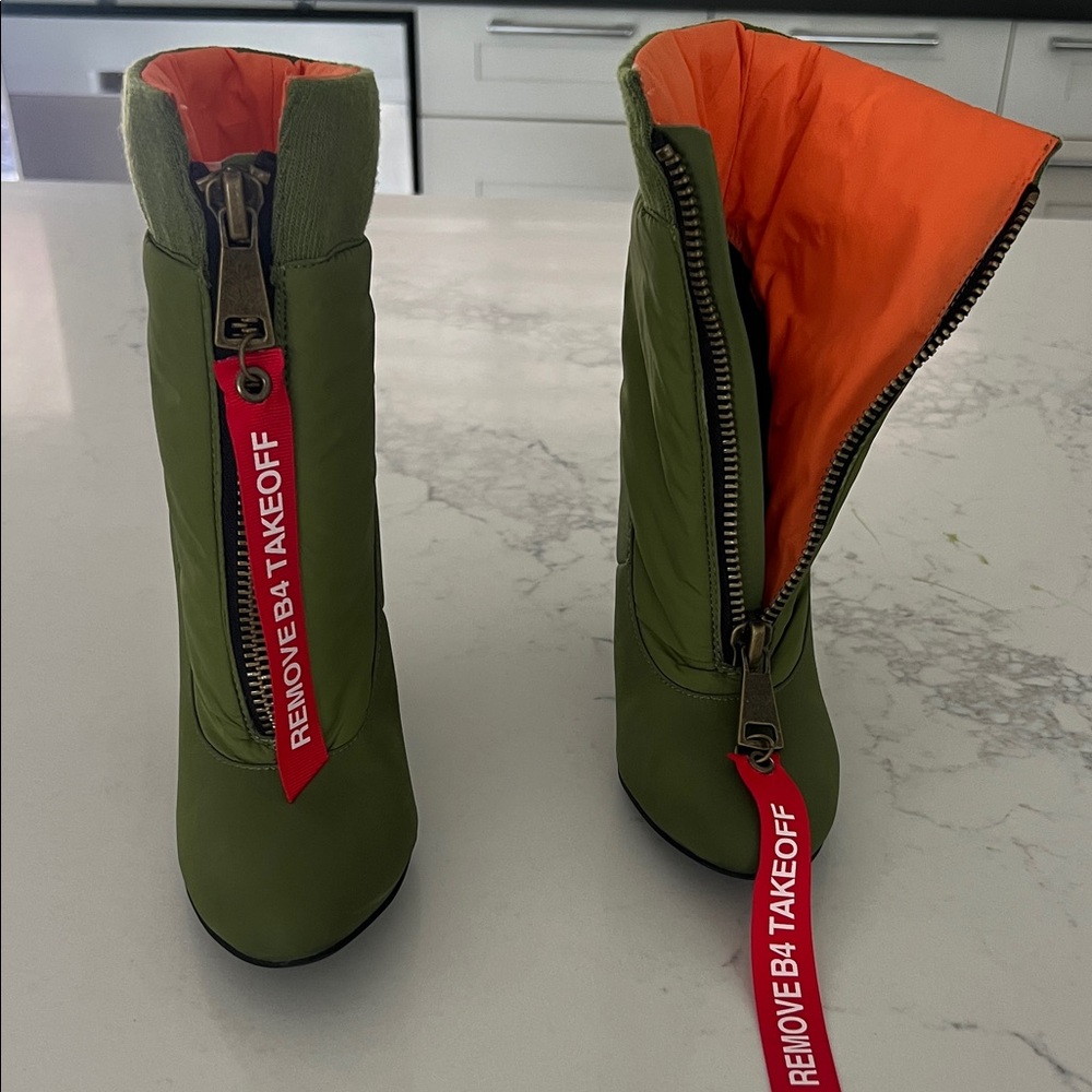 POSTER GIRL Olive Heeled Boots with Vibrant Orange Interior